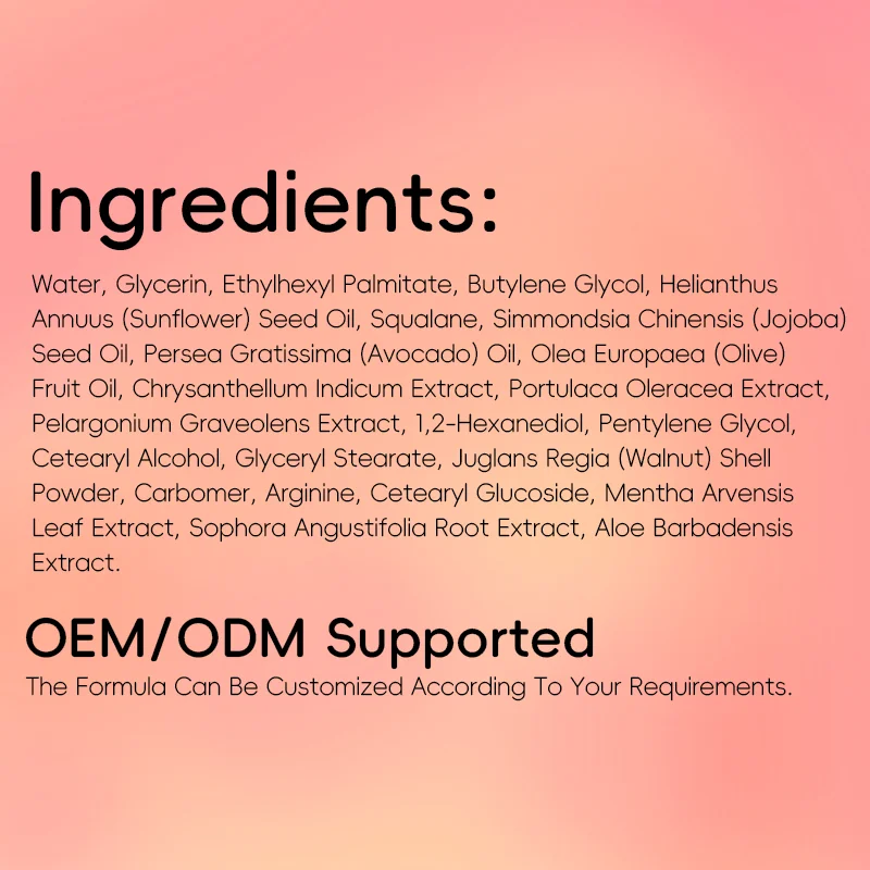List of cosmetic ingredients including natural oils and extracts with OEM/ODM customization options.